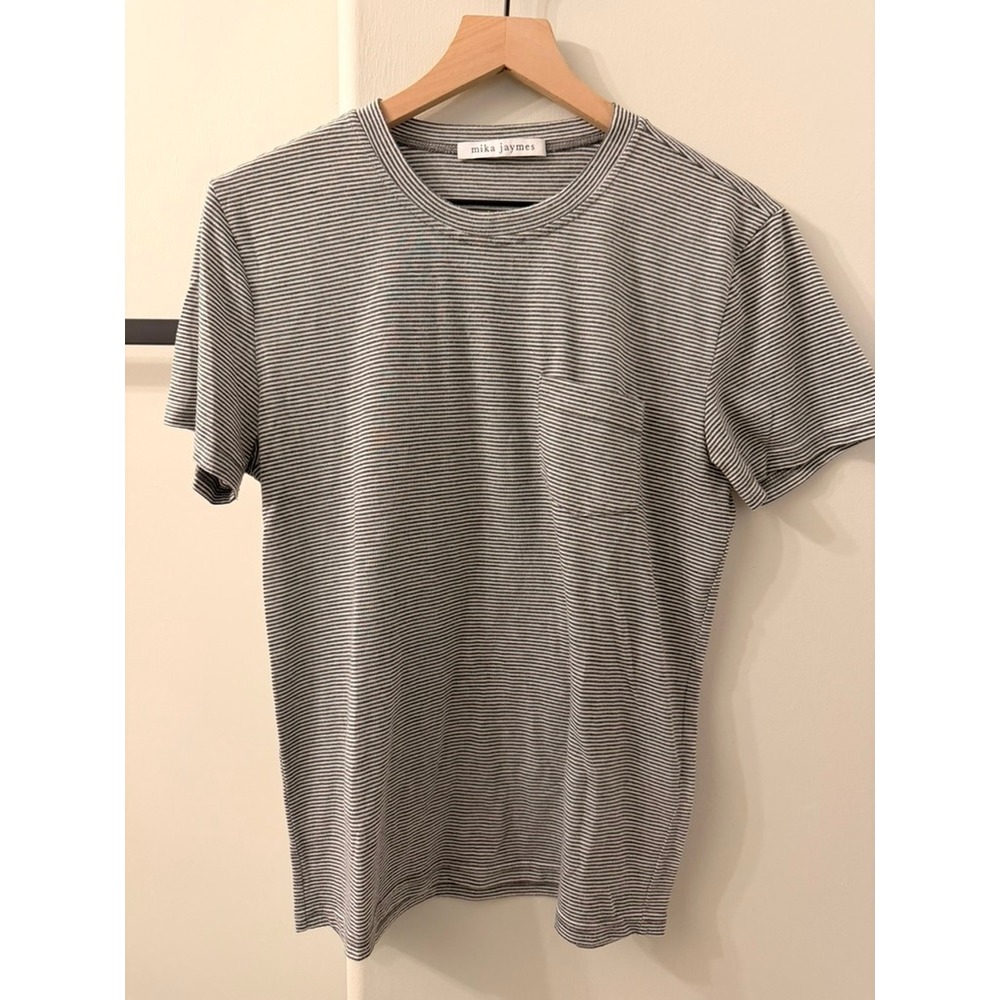 Mika Jaymes Pocket T-Shirt Mens Grey White Micro Stripe Tee - Picture 1 of 3